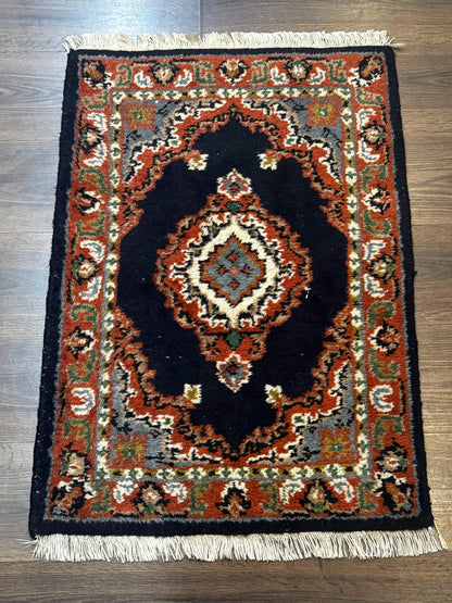 Indo Persian Wool Rug 2x3 Navy Terracotta