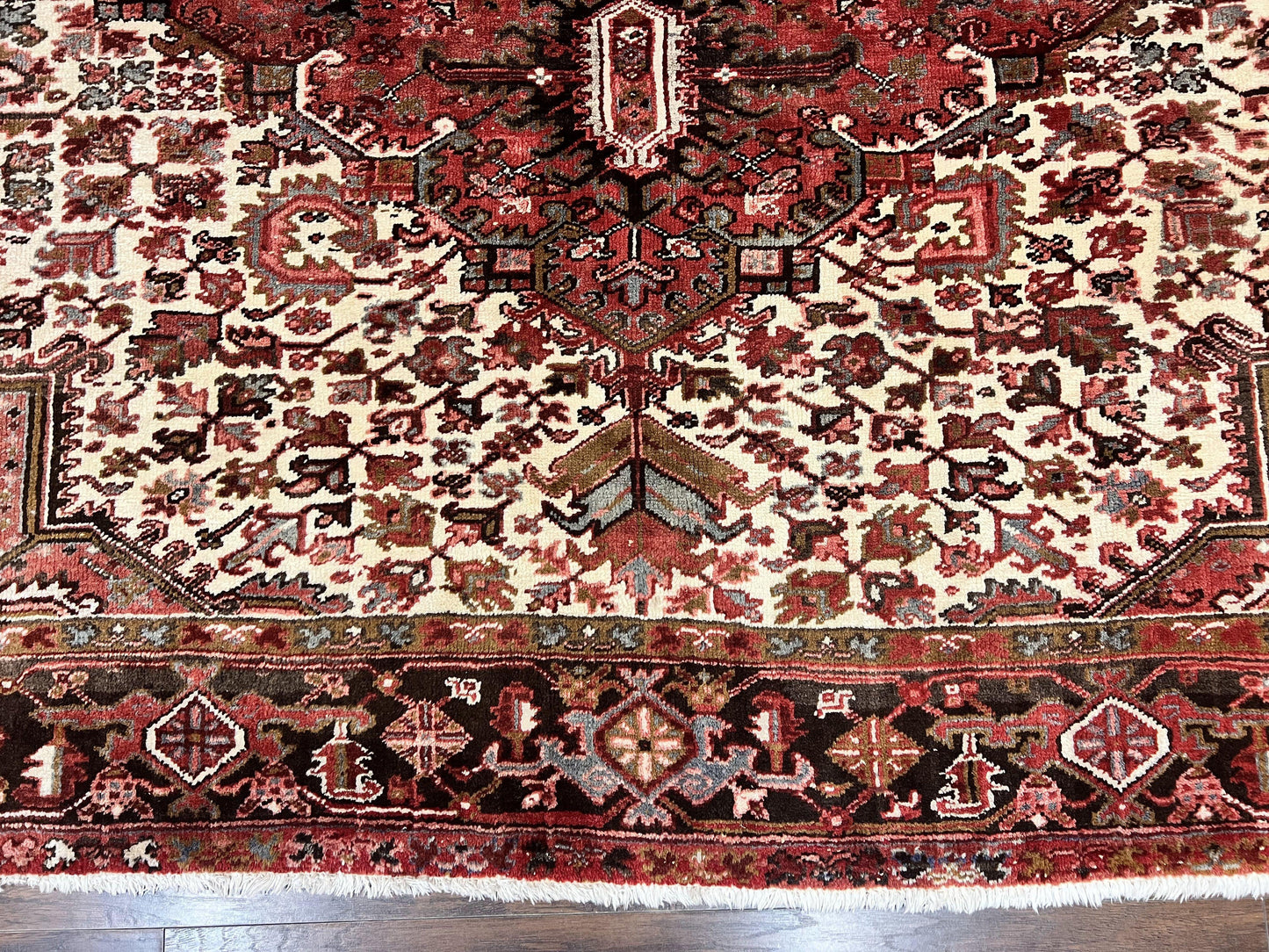 Large Persian Heriz Rug 10x13, Red and Cream Geometric Tribal Room Sized Handmade Wool Hand Knotted Semi Antique Decorative Oriental Carpet