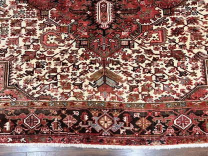 Large Persian Heriz Rug 10x13, Red and Cream Geometric Tribal Room Sized Handmade Wool Hand Knotted Semi Antique Decorative Oriental Carpet