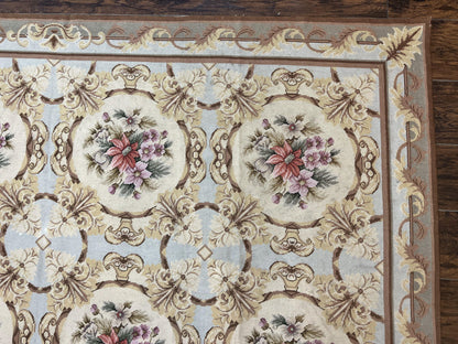 Needlepoint Wool Rug 8x11 Vintage Sky Blue Handmade Carpet