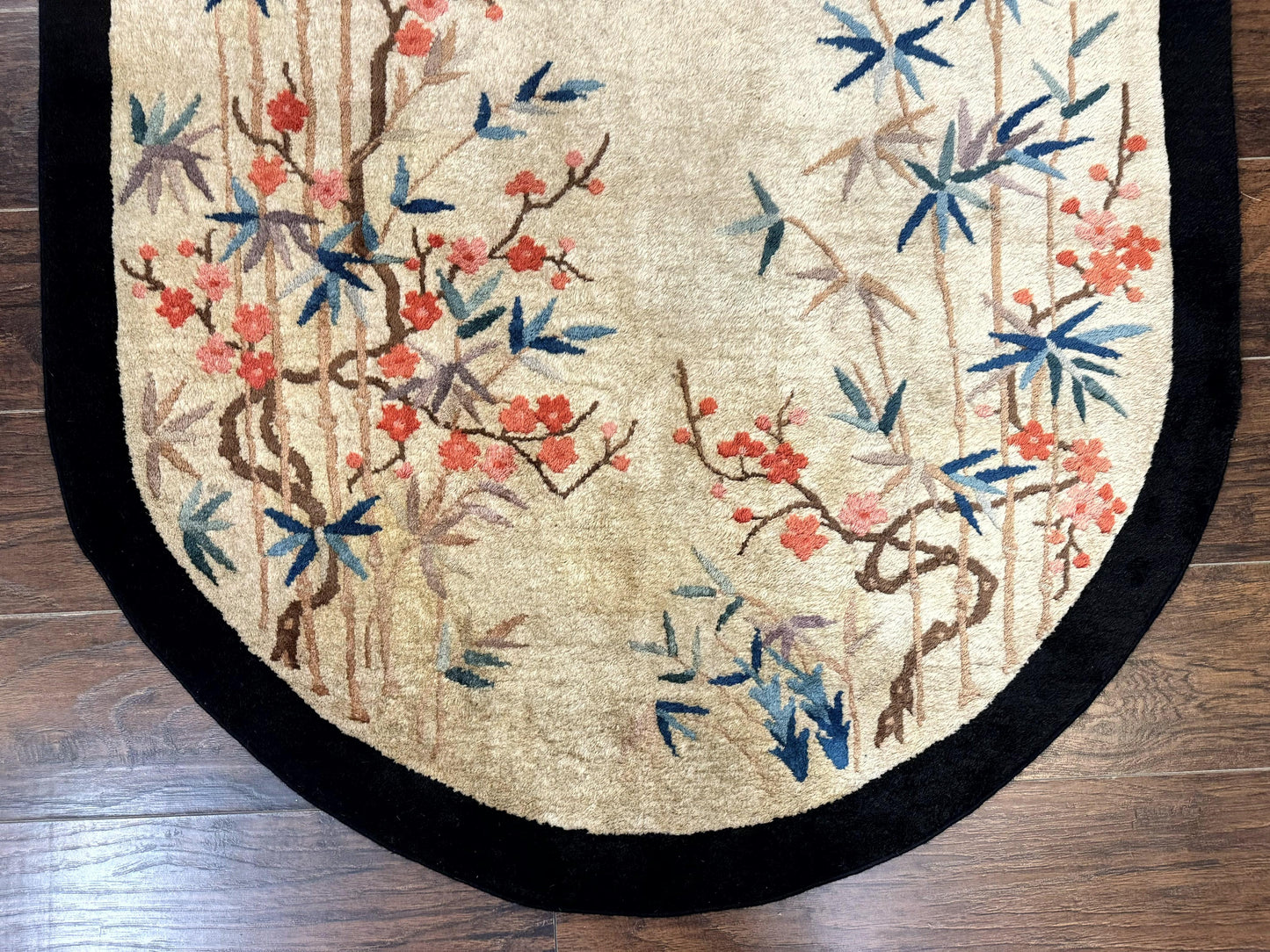 Antique Chinese Wool Rug Oval 3.9x6.7 Handmade Peking Carpet Floral Butterflies Beige