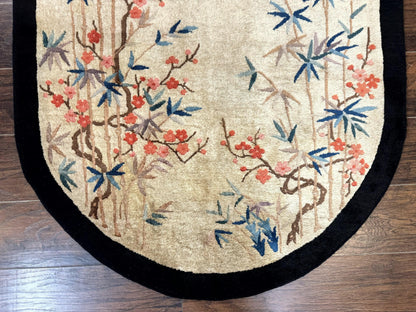Antique Chinese Wool Rug Oval 3.9x6.7 Handmade Peking Carpet Floral Butterflies Beige