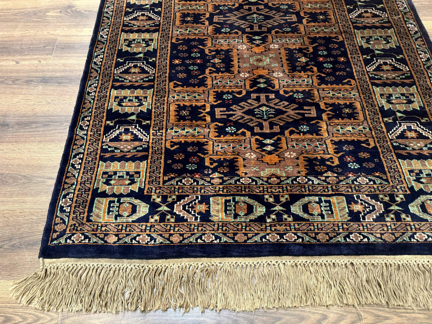 Vintage Afghan Rug 4x6, Navy Blue and Light Brown, Geometric Medallions, Wool on Wool, Tribal Rug