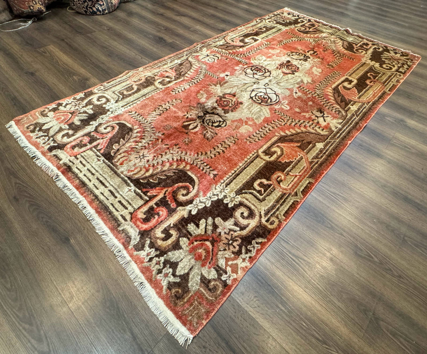 Khotan Rug 5x9 Floral Wool Carpet Terracotta Brown Antique Chinese Handwoven