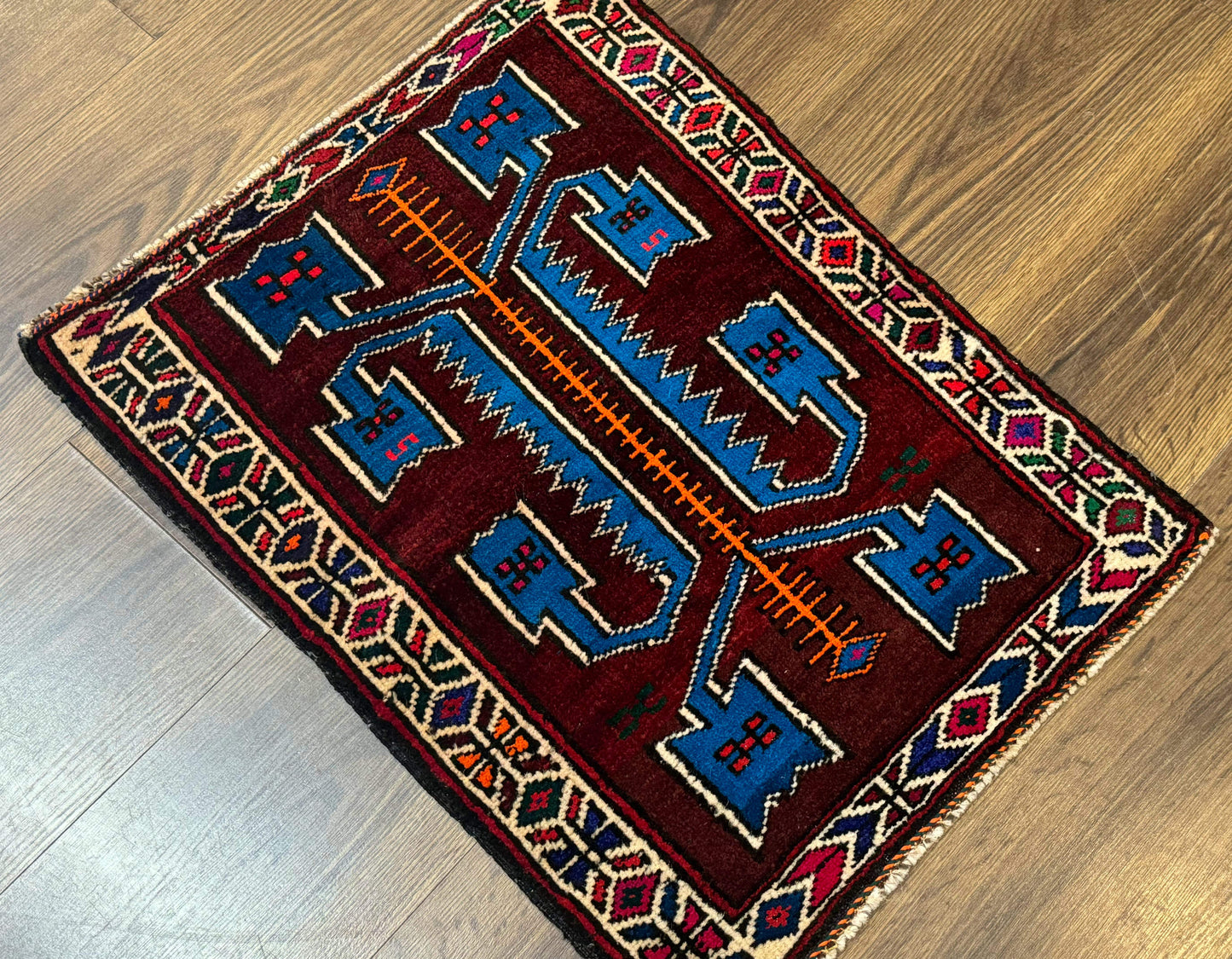 Persian Baluchi Rug Small Geometric Burgundy And Blue Design