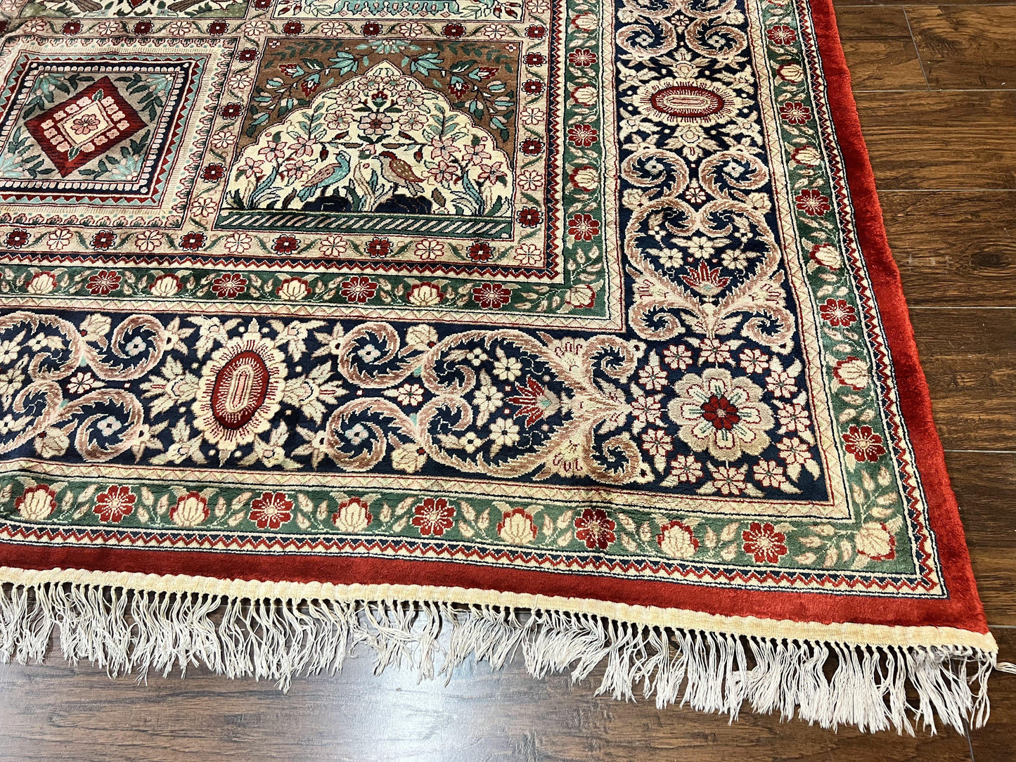 Silk Sino Persian Rug 9x12, Panel Design, Garden of Eden Pattern, Fine 200 KPSI, Hand Knotted Room Sized Silk Carpet, Vintage