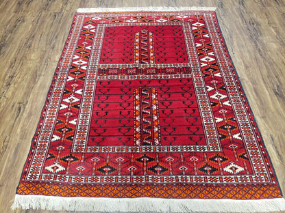 Turkoman Rug Antique 4x5 Handmade Wool Red Tribal Persian Tekkeh Ersari