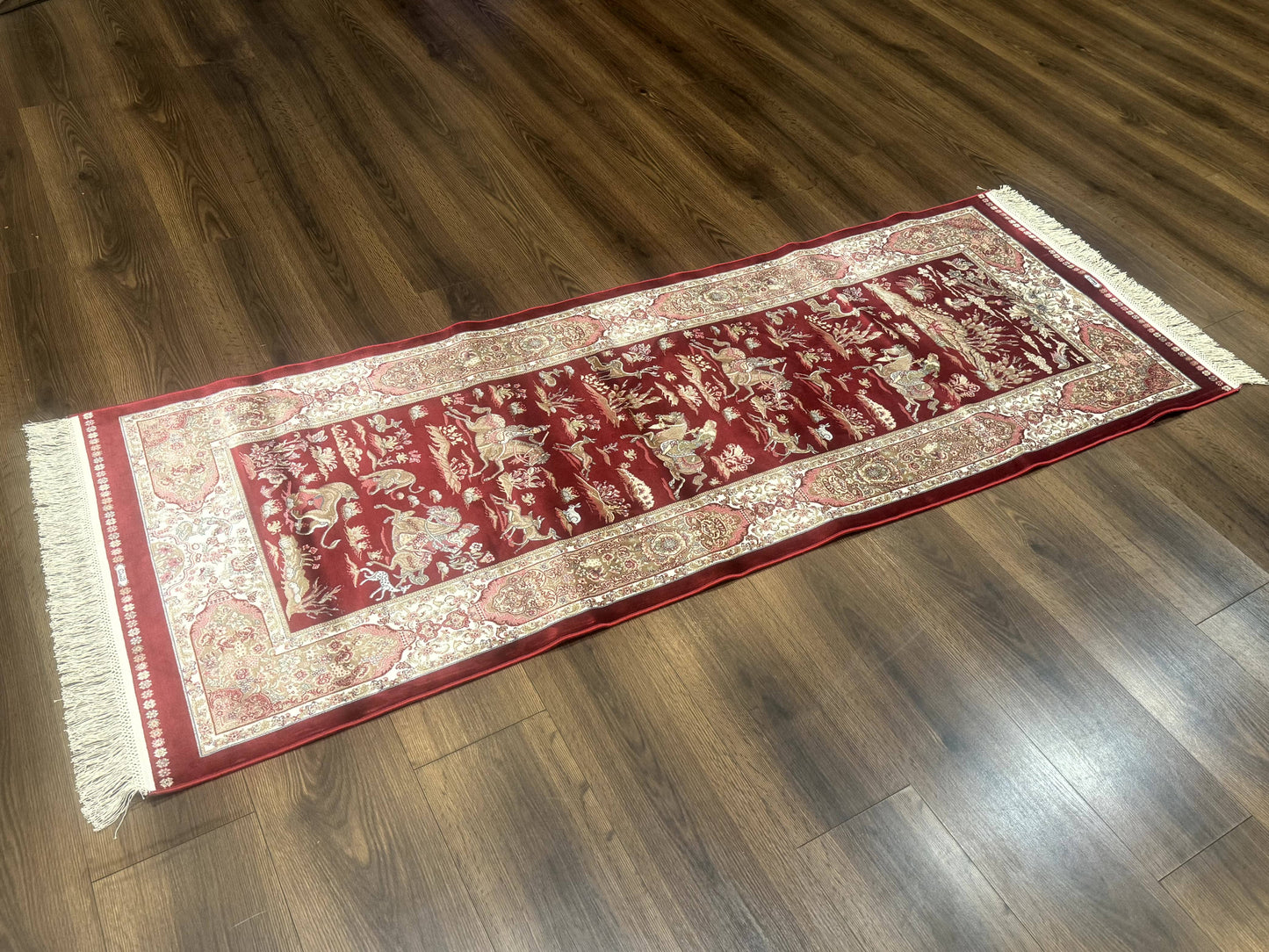 Turkish Silk Rug 2.6 x 6.7, Hunting Design, Short Runner Rug, Red & Ivory, Bamboo Silk, New