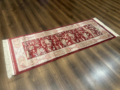 Turkish Silk Rug 2.6 x 6.7, Hunting Design, Short Runner Rug, Red & Ivory, Bamboo Silk, New