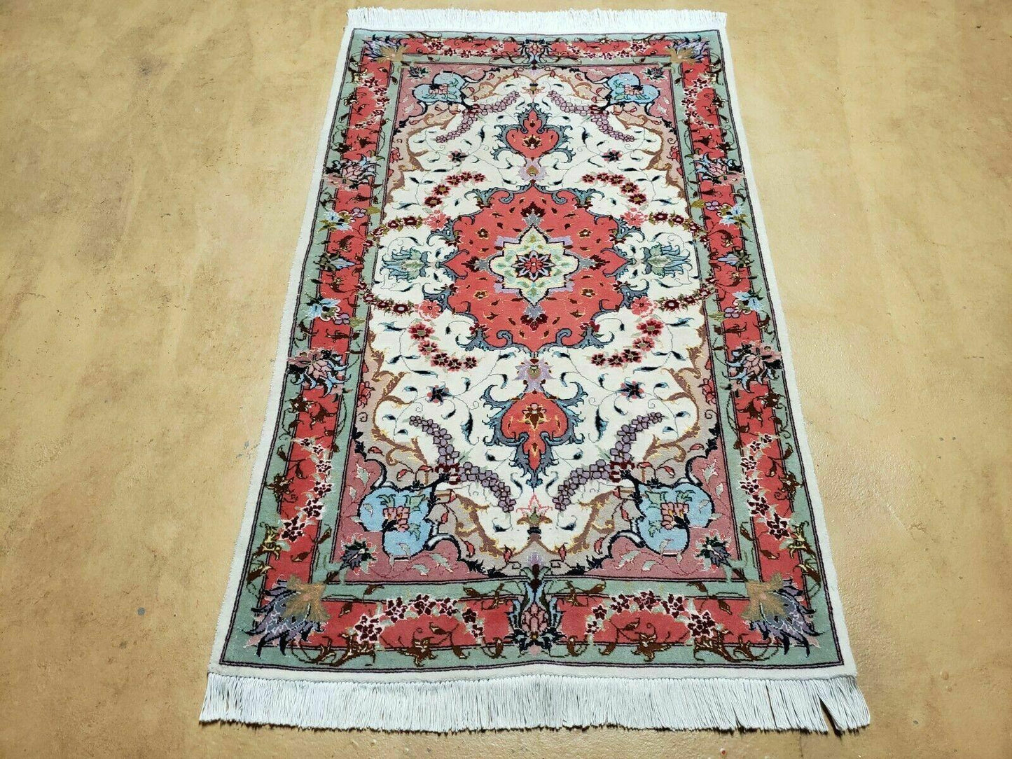 Small Vintage Persian Tabriz Wool and Silk Rug 2.5 x 4 ft, Very Finely Hand Knotted, Medallion, Ivory Salmon Light Blue, Top Quality, Pair B