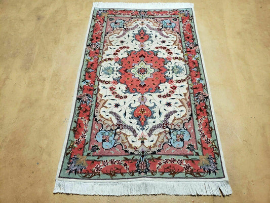 Small Vintage Persian Tabriz Wool and Silk Rug 2.5 x 4 ft, Very Finely Hand Knotted, Medallion, Ivory Salmon Light Blue, Top Quality, Pair B
