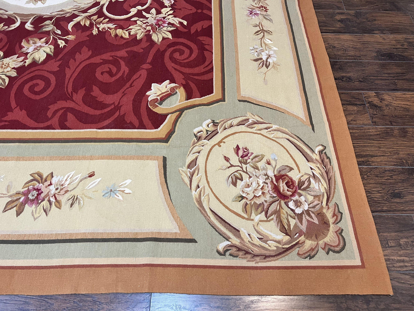 Large Aubusson Rug 10x14, Wool Handmade Vintage Carpet, Dark Red Ivory Tan, French European Elegant Aubusson Weave Rug
