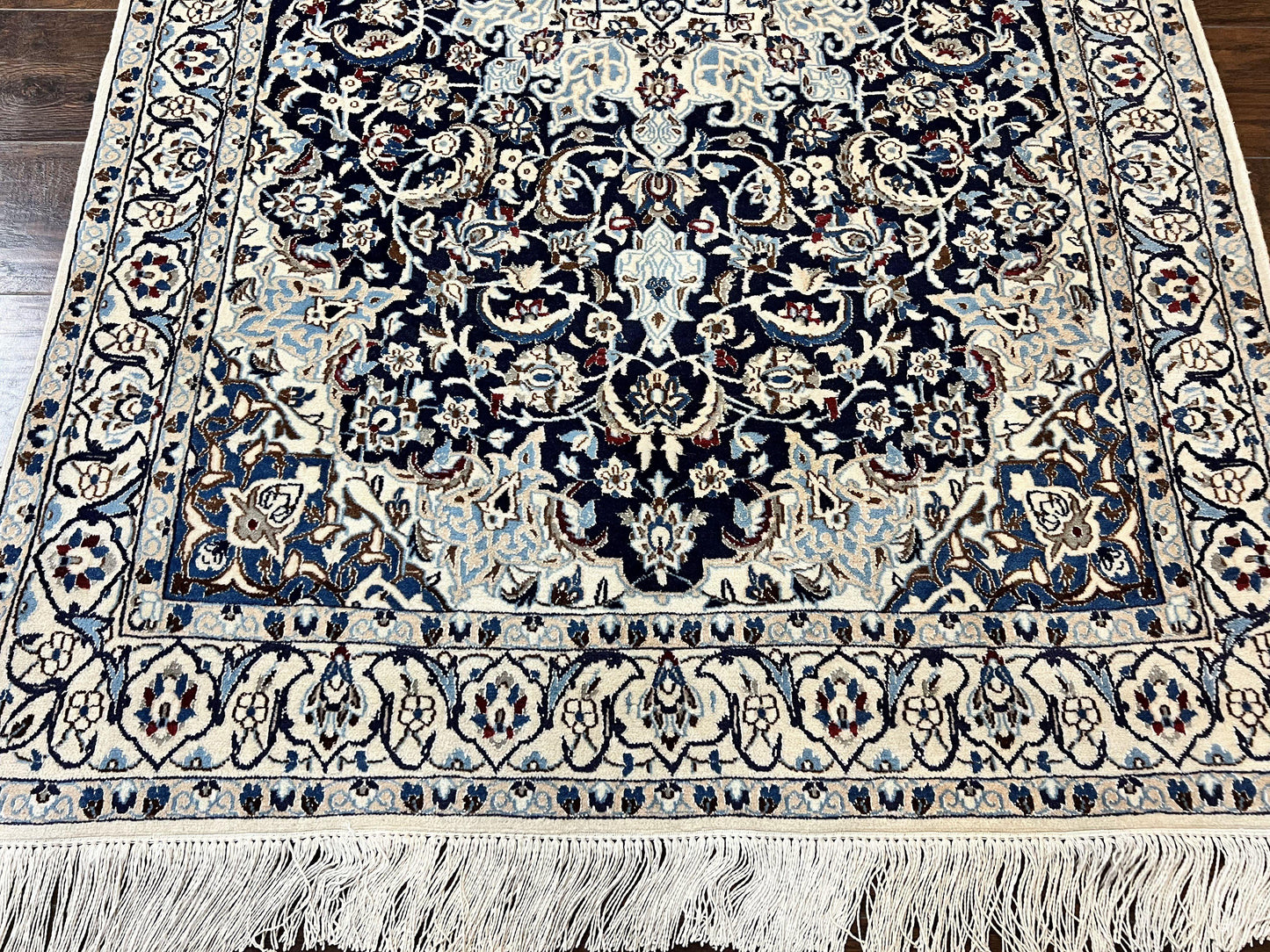 Persian Nain Rug 4x6, Floral, Hand Knotted Vintage Wool & Silk Highlights, Signature from Masterweaver, Navy Blue and Ivory