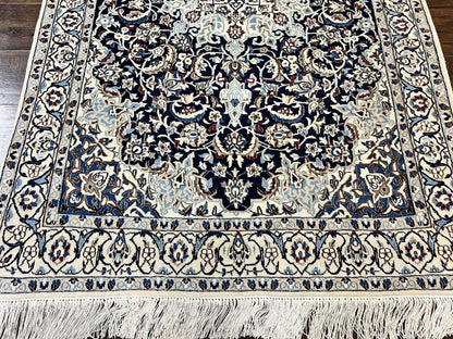 Persian Nain Rug 4x6, Floral, Hand Knotted Vintage Wool & Silk Highlights, Signature from Masterweaver, Navy Blue and Ivory
