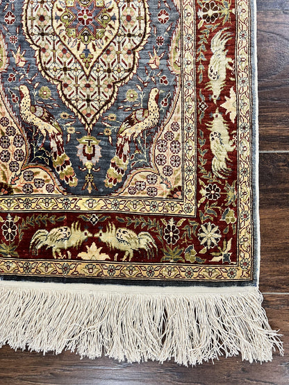 Silk Turkish Hereke Rug 2x3 Peacocks Birds Hand Knotted by Master Weaver 550 KPSI Animal Pictorial