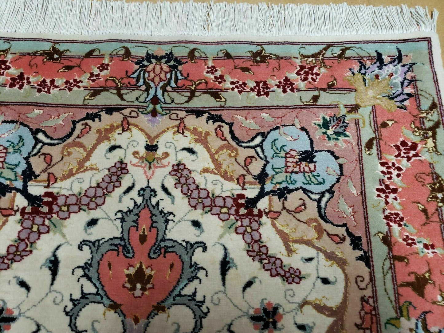 Vintage Persian Tabriz Wool Silk Rug Hand Knotted Medallion Ivory Salmon Light Blue