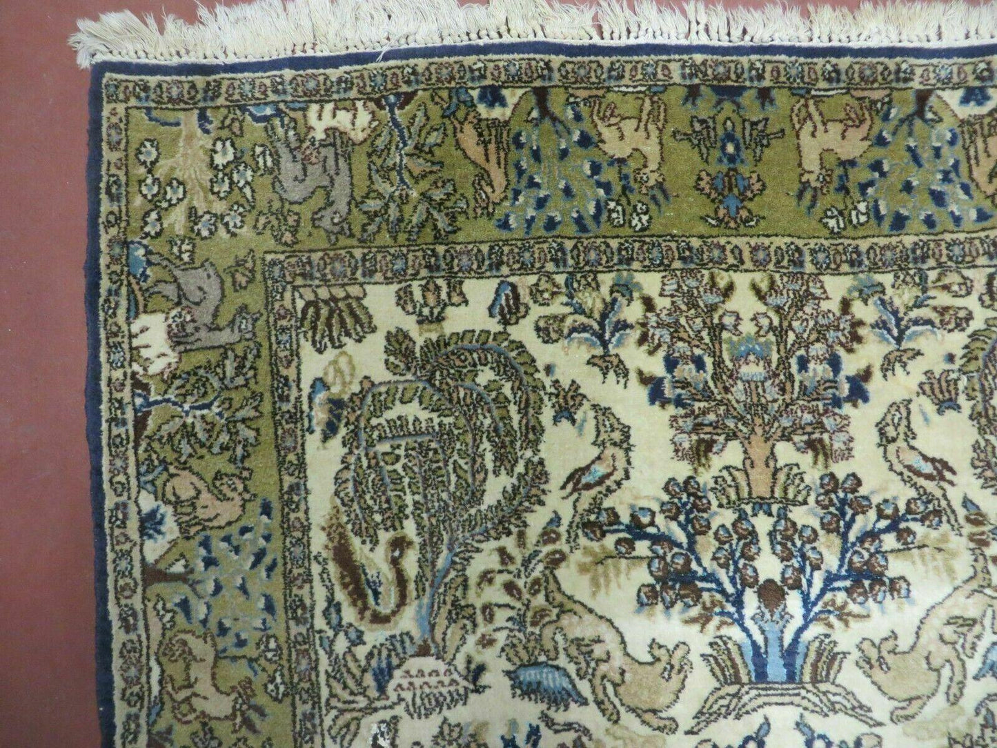 Handmade India Tree Of Life Rug Wool Silk 4x6 Oriental Pictorial Birds Deer Vintage 1960s