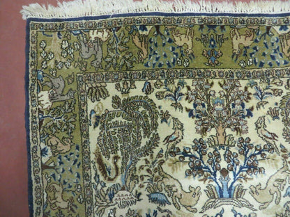 Handmade India Tree Of Life Rug Wool Silk 4x6 Oriental Pictorial Birds Deer Vintage 1960s