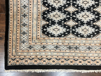 Pakistani Bokhara Rug 6x9, Hand Knotted Vintage Wool Carpet with Silk Highlights, Very Fine 320 KPSI, Medium Size