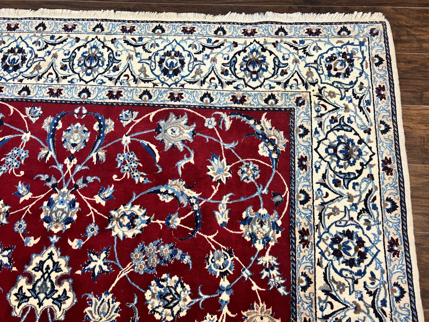 Persian Nain Rug 6x10, Wool and Silk Highlights, Red and Ivory, Floral Medallion, Vintage Handmade Hand Knotted, Fine 225 KPSI, Traditional Rug