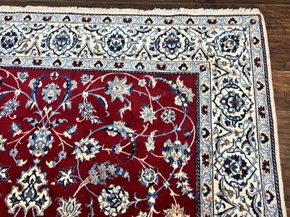 Persian Nain Rug 6x10, Wool and Silk Highlights, Red and Ivory, Floral Medallion, Vintage Handmade Hand Knotted, Fine 225 KPSI, Traditional Rug