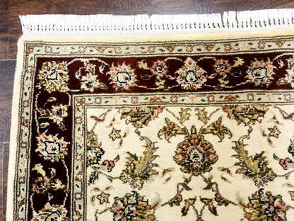 Persian Runner Rug 2.8 x 8 Handmade Vintage Wool and Silk Highlights Beige Maroon