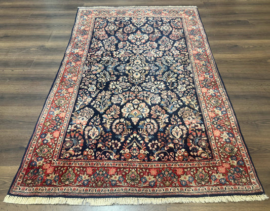Navy Blue Persian Rug 4x6, Sarouk Mohajeran Carpet, Antique Persian Rug, Floral