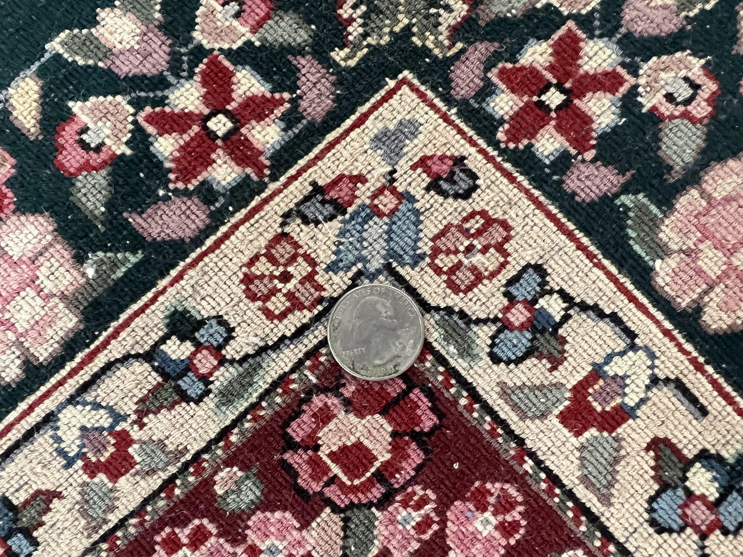 Premium Sino Persian Rug 10x14 Wool Hand Knotted Kirman Floral Dark Green Beige