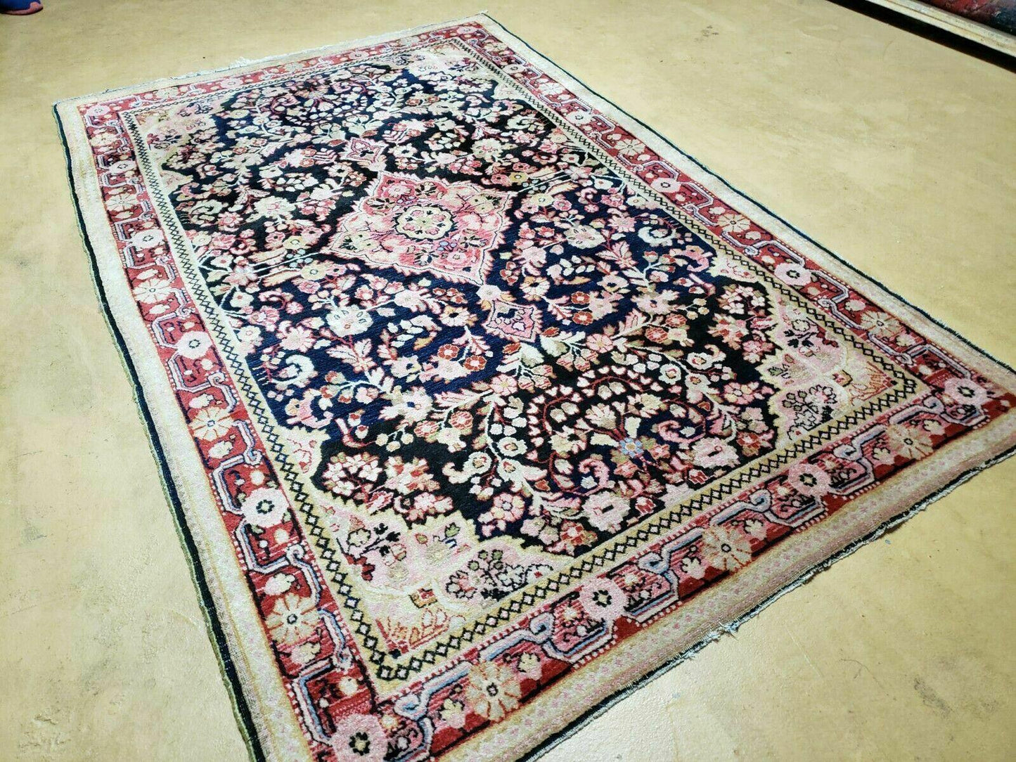 Antique Handmade India Floral Oriental Wool Rug 4x6 Full Pile Blue