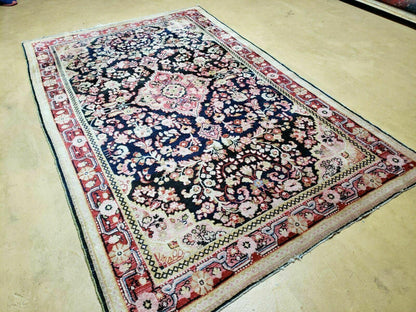 Antique Handmade India Floral Oriental Wool Rug 4x6 Full Pile Blue