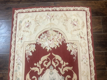 Aubusson Runner Rug 3x10, European Design, Red and Beige, Elegant, Handmade Wool Rug