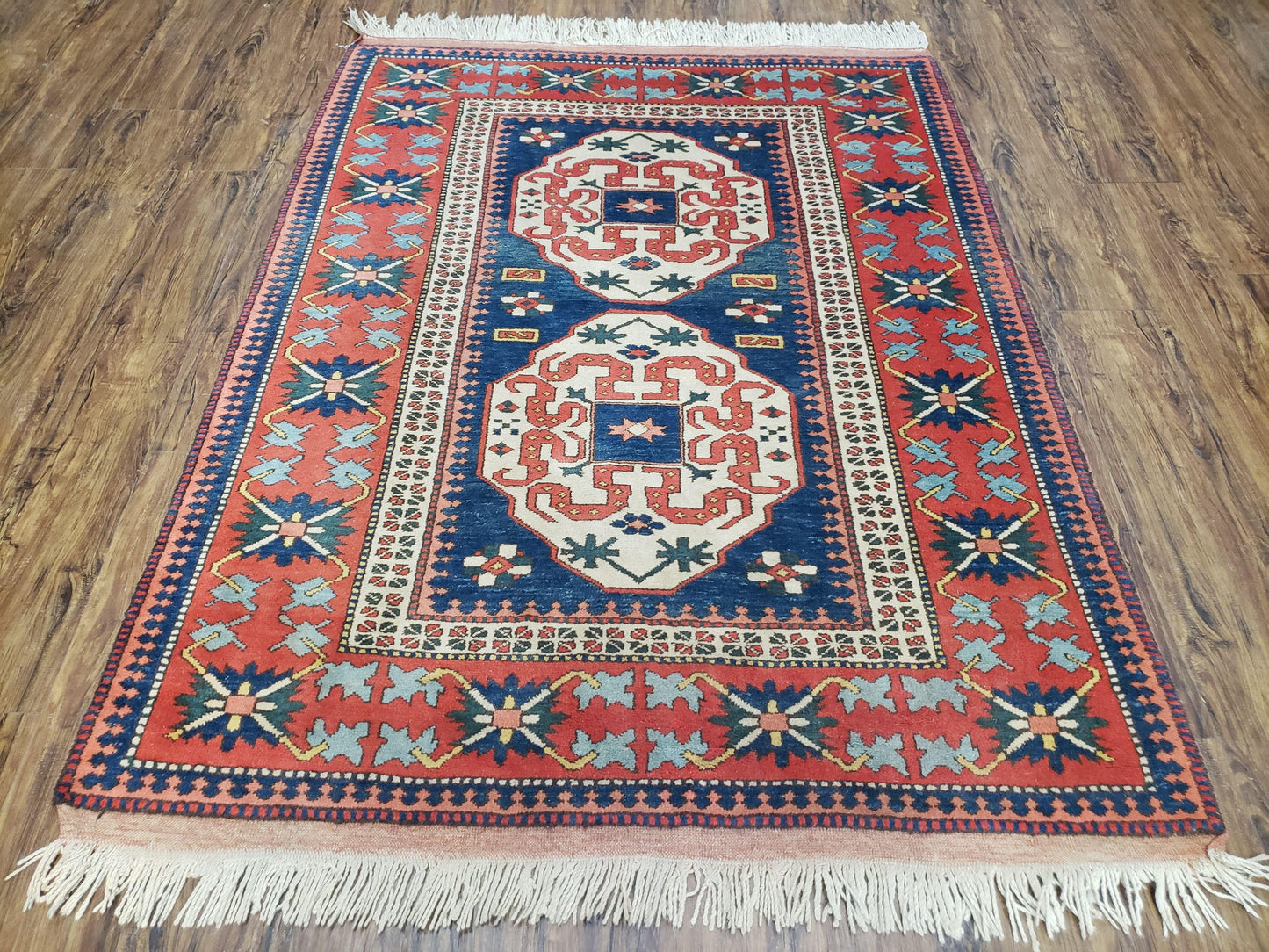 Turkish Kazak Rug 5x6 Vintage Handmade Wool Carpet With Geometric Blue Red Design