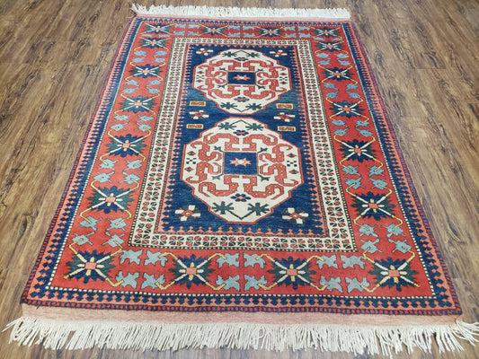Turkish Kazak Rug 5x6 Vintage Handmade Wool Carpet With Geometric Blue Red Design