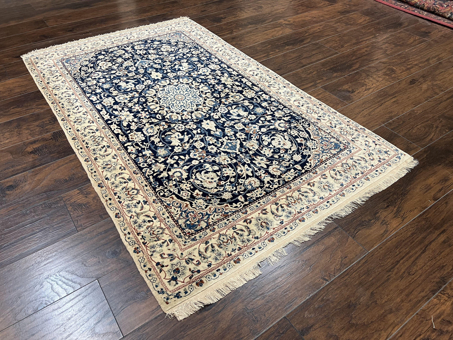 Persian Nain Rug Hand Knotted Wool and Silk Accents With Floral Medallion Navy Blue Ivory Cream