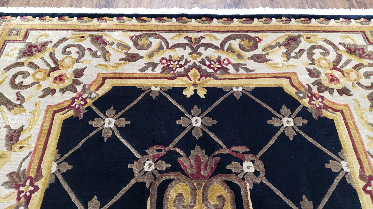 Nepal Rug 6x9 Hand Knotted Wool Aubusson Area Rug Black Beige Tibetan Savonnerie Style