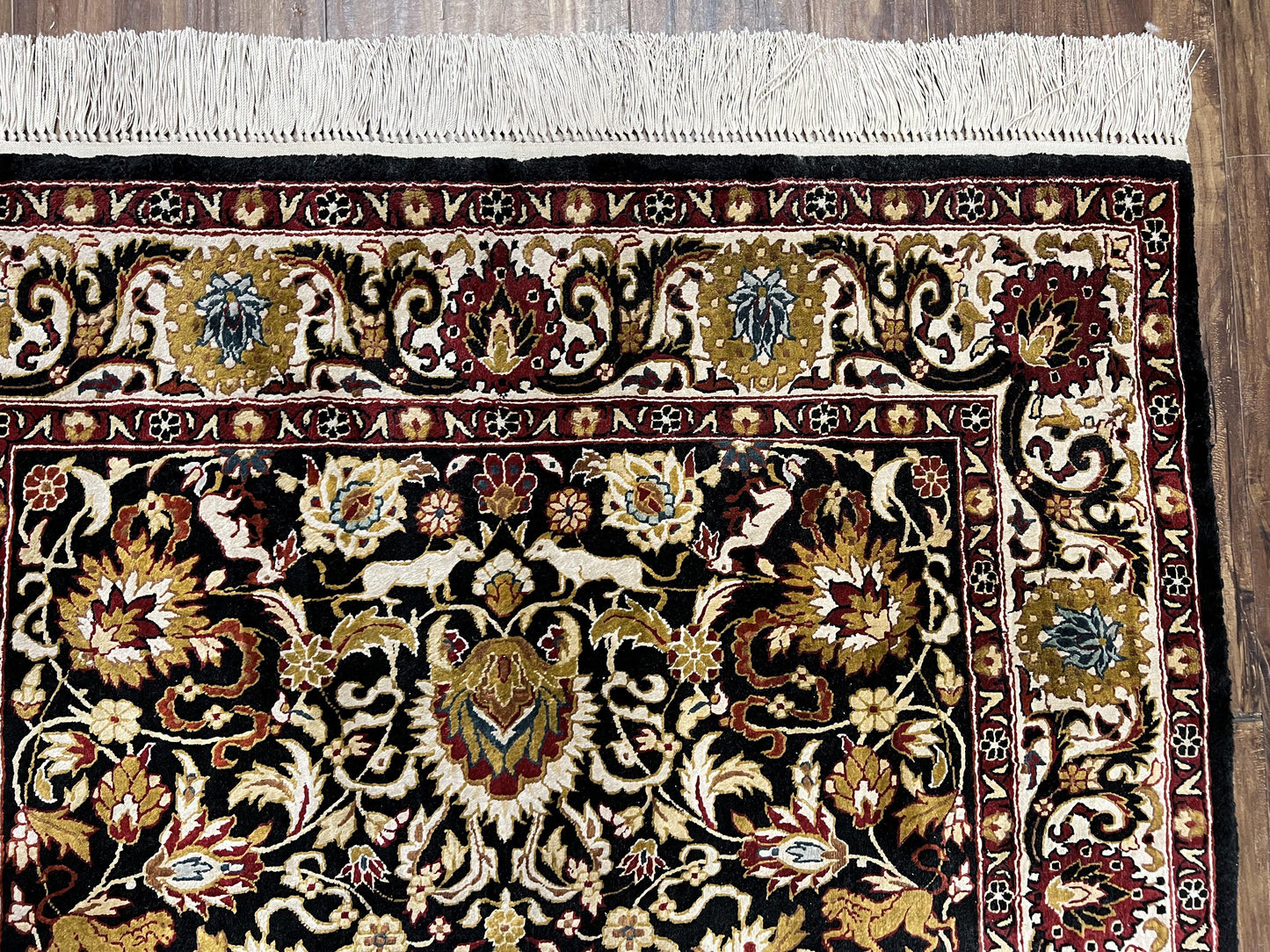 Sino Persian Silk Rug 3x5 Oriental Carpet 3 x 5 Fine Silk Rug, Black Ivory Gold, Animal Motifs, Flowers, High Quality, Vintage Silk Rug Wow