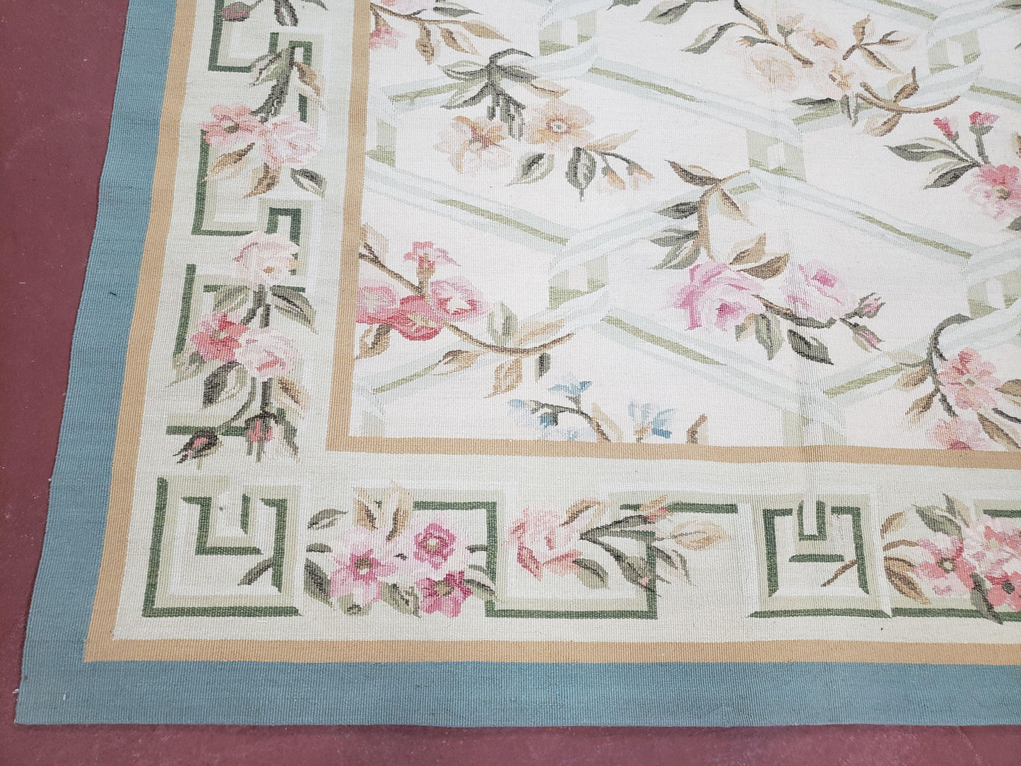 Vintage Aubusson Area Rug, Aubusson Flat weave Carpet, Floral Geometric Pattern, Beige Teal Green, 4x6 Rug, European Design