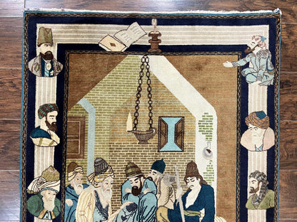 Persian Tabriz Pictorial Rug 3x5, Wall Hanging Carpet, Very Fine 60 Raj 475 KPSI, Hand Knotted Vintage Semi Antique, Wool, Persian Poetry