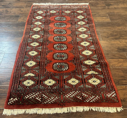 Red Pakistani Turkoman Bokhara Rug 3x5 Vintage Hand Knotted Signed