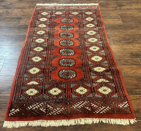 Red Pakistani Turkoman Bokhara Rug 3x5 Vintage Hand Knotted Signed