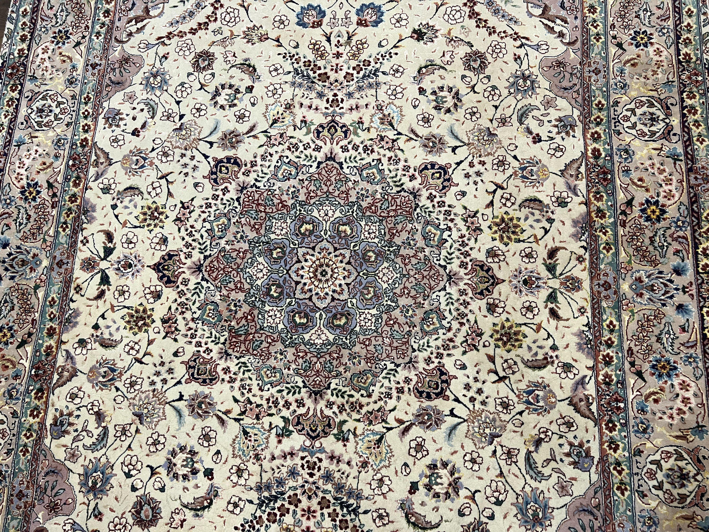 Persian Rug 6x9 Floral Medallion Wool Silk Handmade Vintage Oriental Cream Gray