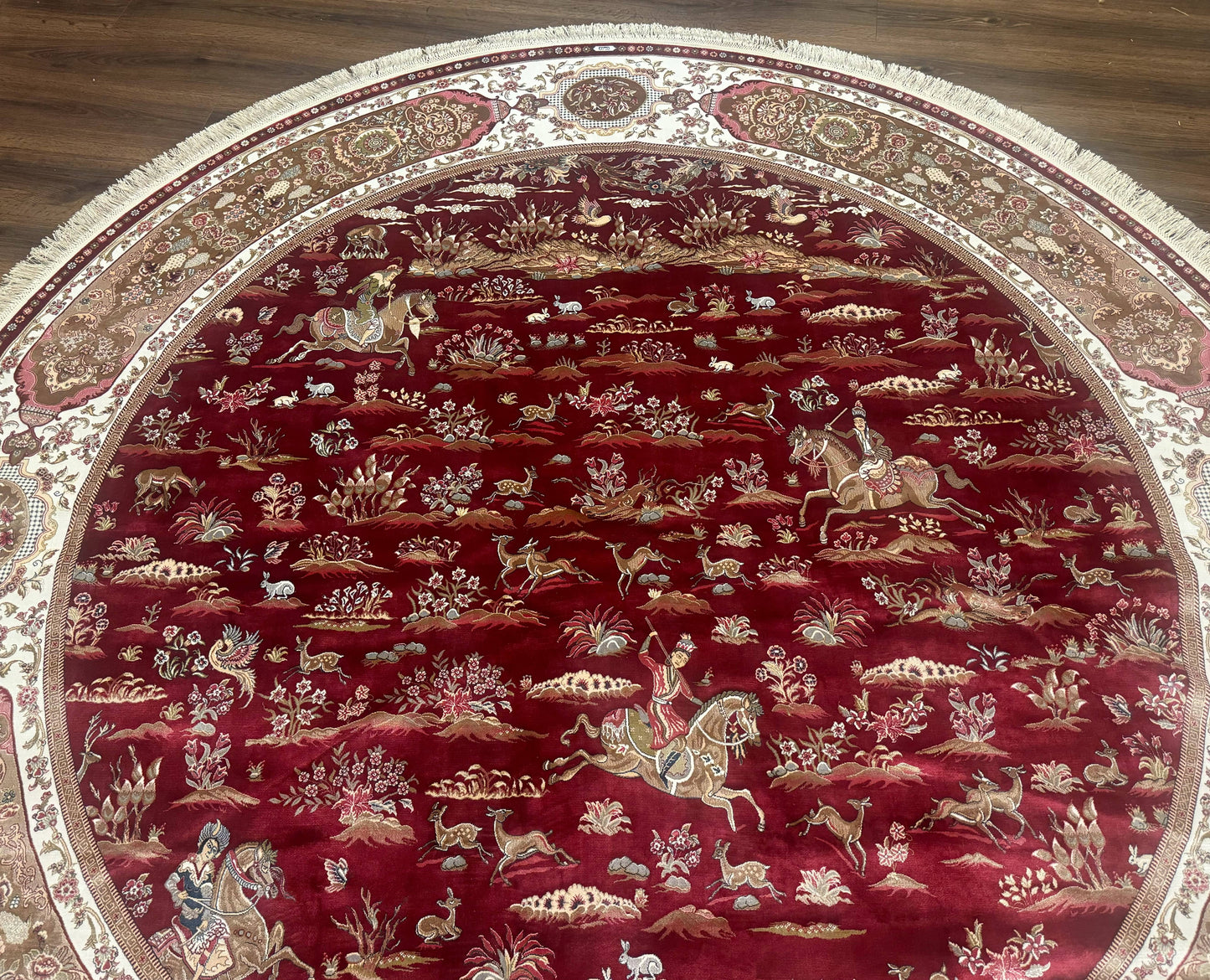 Turkish Silk Rug 8x8 Round Hunting Scene Bamboo Silk Dark Red Ivory