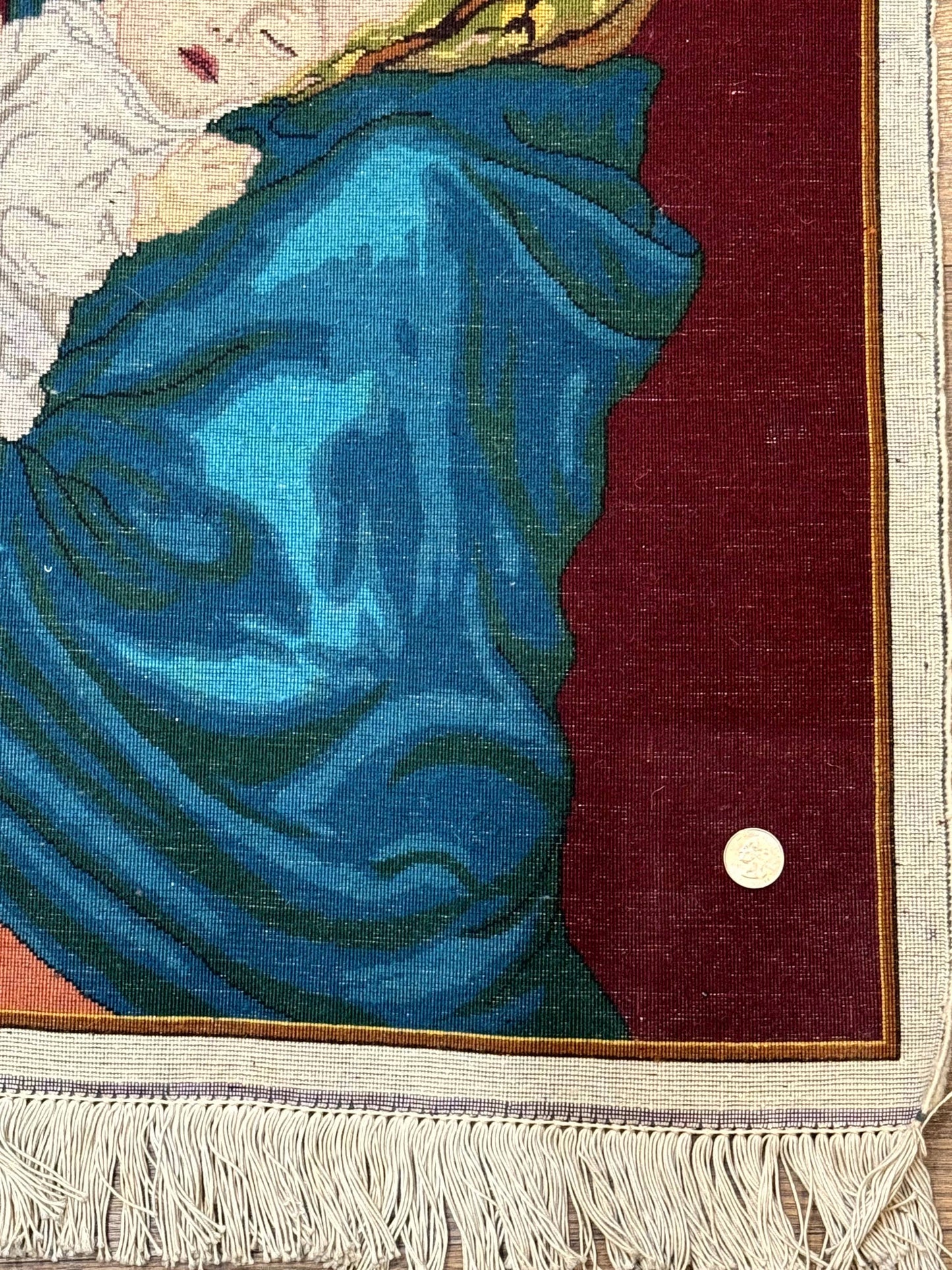 Small Persian Tabriz Pictorial Rug 2x2, Mother Holding Child, Very Fine 340 KPSI, Maroon