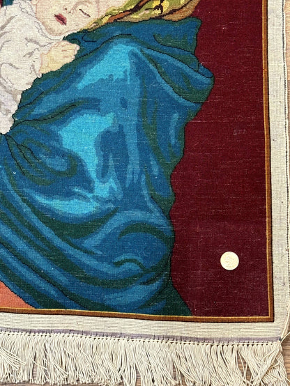 Small Persian Tabriz Pictorial Rug 2x2, Mother Holding Child, Very Fine 340 KPSI, Maroon