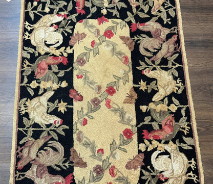 Small Vintage Hooked Rug Roosters Handmade Wool Area Rug Decor Accent