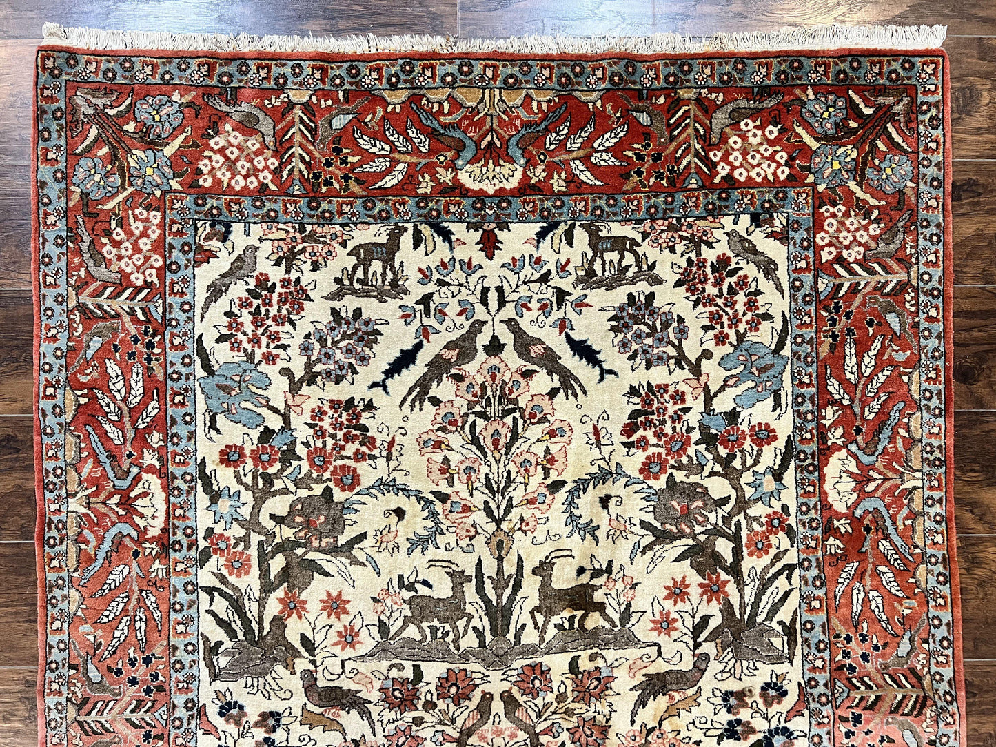Persian Tree of Life 5x7, Qum Rug, Animal Motifs, Deer Birds, Fine 225 KPSI, Semi Antique Wool Rug, Cream Red
