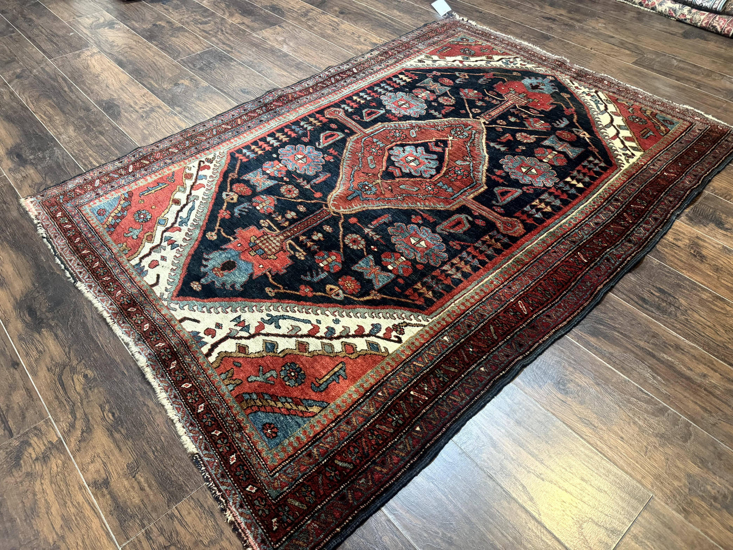 Antique Persian Bidjar Rug 5x6, Navy Blue and Red, Persian Tribal Rug