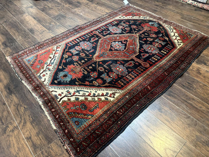 Antique Persian Bidjar Rug 5x6, Navy Blue and Red, Persian Tribal Rug