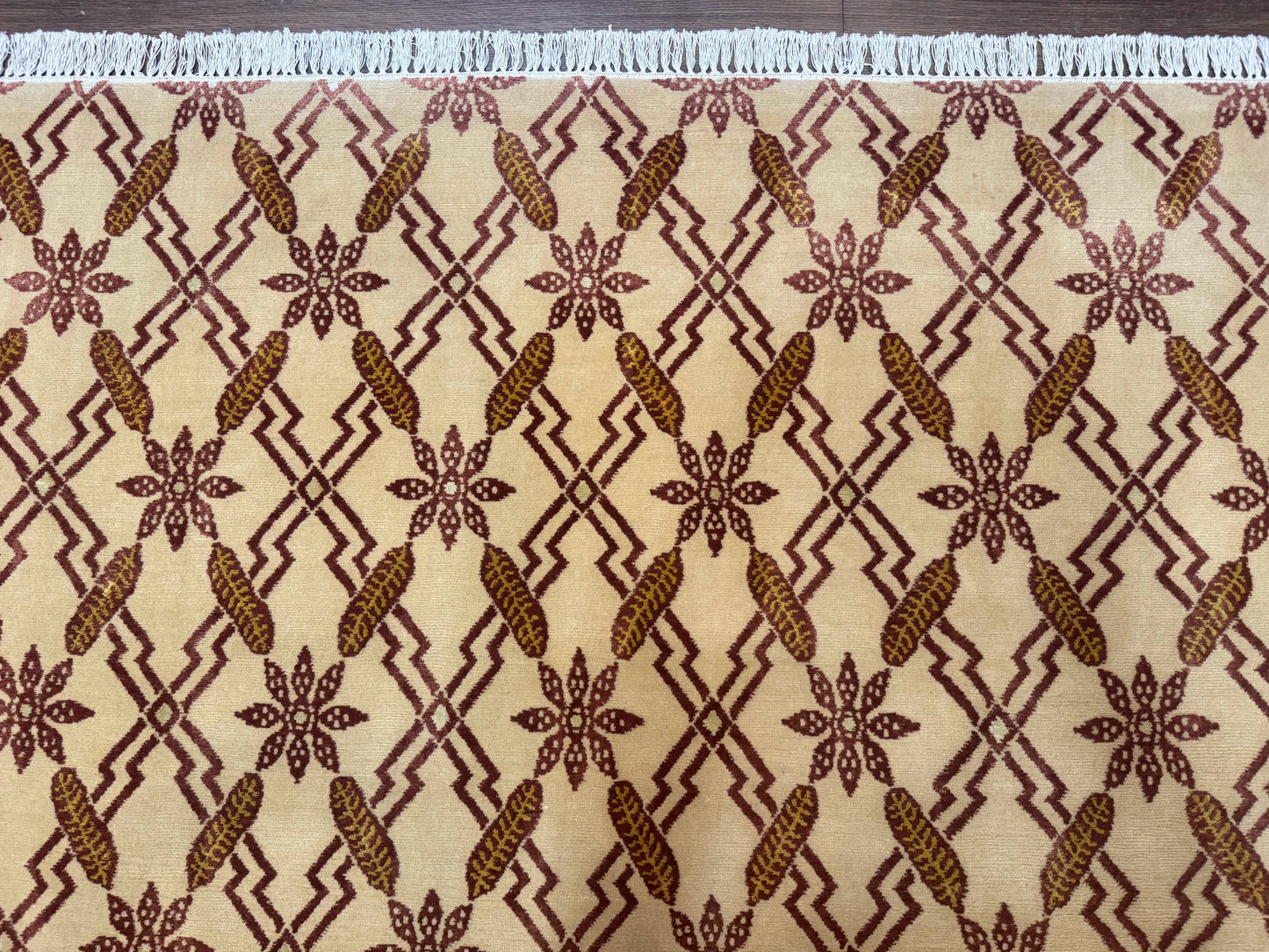 Tibetan Rug 8x10 Wool Silk Highlights Contemporary Carpet Beige And Maroon