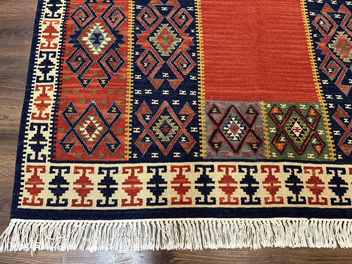 Turkish Kilim Rug 5x8 Handmade Flatweave Bohemian Carpet Terracotta Navy